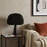 16" Black Ribbed Geometric Bedside Lamp With Dome Shade