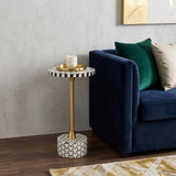 21" Black White and Gold Faux Marble and Iron Round Pedestal End Table