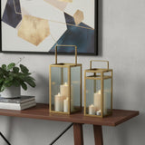 Set of Two Gold Metal Floor Lantern Candle Holders