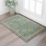 3' X 5' Teal And Blush Oriental Washable Area Rug With UV Protection