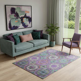 5' X 8' Purple And Lime Green Geometric Washable Area Rug With UV Protection
