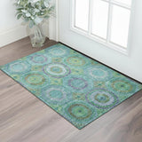 3' X 5' Teal And Lime Green Geometric Washable Area Rug With UV Protection