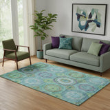 5' X 8' Teal And Lime Green Geometric Washable Area Rug With UV Protection