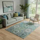 5' X 8' Teal And Lime Green Geometric Washable Area Rug With UV Protection
