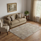 5' X 8' Khaki And Beige Oriental Washable Area Rug With UV Protection