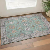 3' X 5' Mint Green And Peach Oriental Washable Area Rug With UV Protection