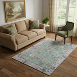 5' X 8' Mint Green And Peach Oriental Washable Area Rug With UV Protection