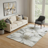 5' X 8' Silver And Gray Floral Washable Area Rug With UV Protection