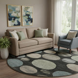8' Black And Taupe Geometric Washable Round Rug With UV Protection