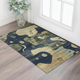 3' X 5' Navy Blue And Beige Abstract Washable Area Rug With UV Protection