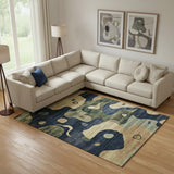 8' X 10' Navy Blue And Beige Abstract Washable Area Rug With UV Protection