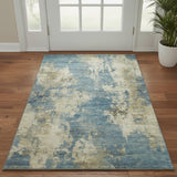 3' X 5' Blue And Taupe Abstract Washable Area Rug With UV Protection