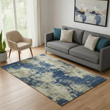 5' X 8' Navy Blue And Beige Abstract Washable Area Rug With UV Protection