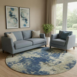 8' Navy Blue And Beige Abstract Washable Round Rug With UV Protection