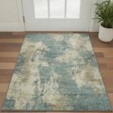 3' X 5' Teal And Beige Abstract Washable Area Rug With UV Protection