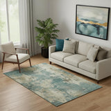 5' X 8' Teal And Beige Abstract Washable Area Rug With UV Protection