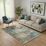5' X 8' Blue And Beige Abstract Washable Area Rug With UV Protection