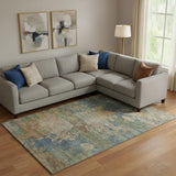 8' X 10' Denim Blue And Beige Abstract Washable Area Rug With UV Protection