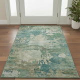 3' X 5' Teal And Beige Abstract Washable Area Rug With UV Protection