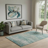 5' X 8' Aqua And Beige Abstract Washable Area Rug With UV Protection
