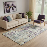 5' X 8' Linen And Purple Abstract Washable Area Rug With UV Protection