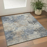 3' X 5' Denim Blue And Beige Abstract Washable Area Rug With UV Protection