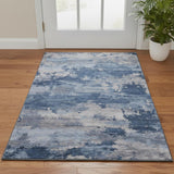 3' X 5' Navy Blue And Denim Blue Abstract Washable Area Rug With UV Protection