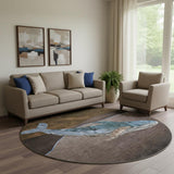 8' Brown And Blue Nautical Washable Round Rug With UV Protection