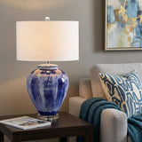 26" Blue And Clear Urn Table Lamp With Drum Shade