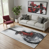 5' X 8' Gray And Red Abstract Washable Area Rug With UV Protection