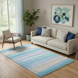 5' X 8' Aqua And Lavender Striped Washable Area Rug With UV Protection