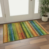 3' X 5' Green And Teal Striped Washable Area Rug With UV Protection
