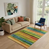 5' X 8' Green And Teal Striped Washable Area Rug With UV Protection