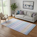5' X 8' Lavender And Sky Blue Striped Washable Area Rug With UV Protection