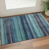 3' X 5' Teal And Navy Blue Striped Washable Area Rug With UV Protection