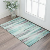 3' X 5' Teal And Ivory Striped Washable Area Rug With UV Protection