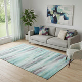 5' X 8' Teal And Ivory Striped Washable Area Rug With UV Protection