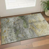 3' X 5' Olive Green And Gold Abstract Washable Area Rug With UV Protection