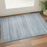 3' X 5' Sky Blue And Ivory Striped Washable Area Rug With UV Protection