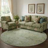 8' Sage And Olive Green Abstract Washable Round Rug With UV Protection