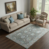 5' X 8' Fern Green And Denim Blue Oriental Washable Area Rug With UV Protection