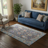5' X 8' Gray And Copper Oriental Washable Area Rug With UV Protection