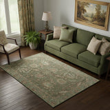 5' X 8' Olive Green And Beige Oriental Washable Area Rug With UV Protection