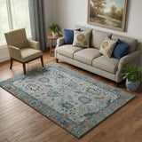 5' X 8' Pewter And Teal Oriental Washable Area Rug With UV Protection