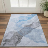 3' X 5' Sky Blue And Gray Abstract Washable Area Rug With UV Protection