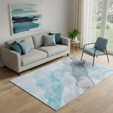 5' X 8' Teal And Gray Abstract Washable Area Rug With UV Protection