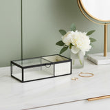 10" Black Glass Two Section Jewelry Box With Metal Accents