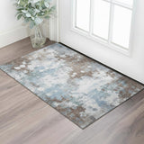 3' X 5' Brown And Blue Abstract Washable Area Rug With UV Protection