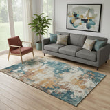 5' X 8' Teal And Copper Abstract Washable Area Rug With UV Protection