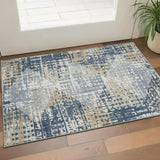 3' X 5' Navy Blue And Beige Geometric Washable Area Rug With UV Protection